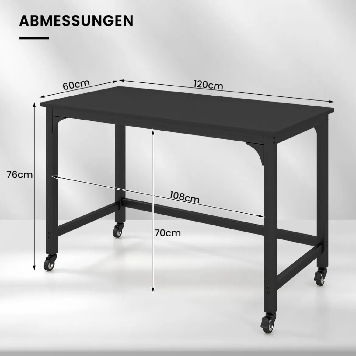 Schreibtisch mit Rollen & Metallrahmen Computertisch Bürotisch 120 x 60 x 76 cm Schwarz