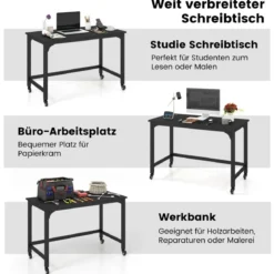 Schreibtisch mit Rollen & Metallrahmen Computertisch Bürotisch 120 x 60 x 76 cm Schwarz