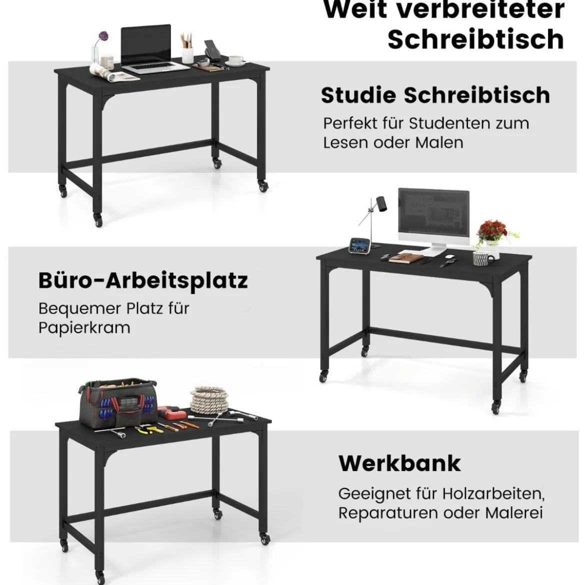 Schreibtisch mit Rollen & Metallrahmen Computertisch Bürotisch 120 x 60 x 76 cm Schwarz