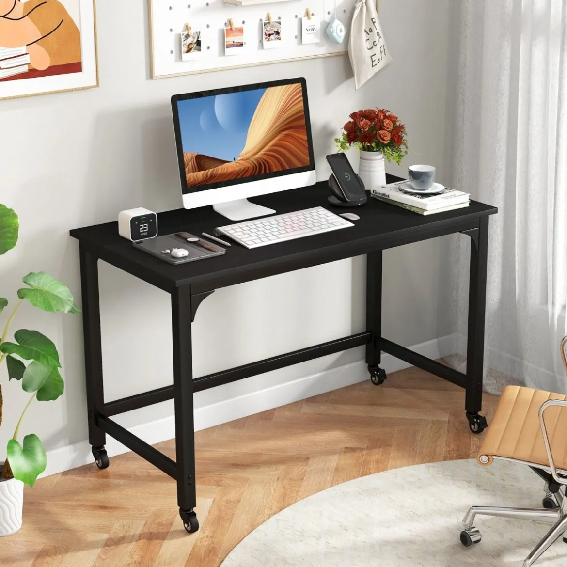 Schreibtisch mit Rollen & Metallrahmen Computertisch Bürotisch 120 x 60 x 76 cm Schwarz