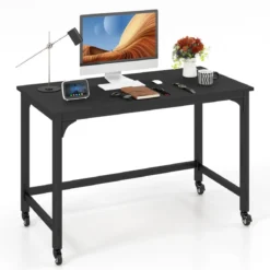 Schreibtisch mit Rollen & Metallrahmen Computertisch Bürotisch 120 x 60 x 76 cm Schwarz