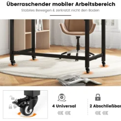 Schreibtisch mit Rollen & Metallrahmen Computertisch Bürotisch 120 x 60 x 76 cm Natur