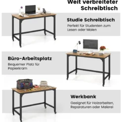 Schreibtisch mit Rollen & Metallrahmen Computertisch Bürotisch 120 x 60 x 76 cm Natur