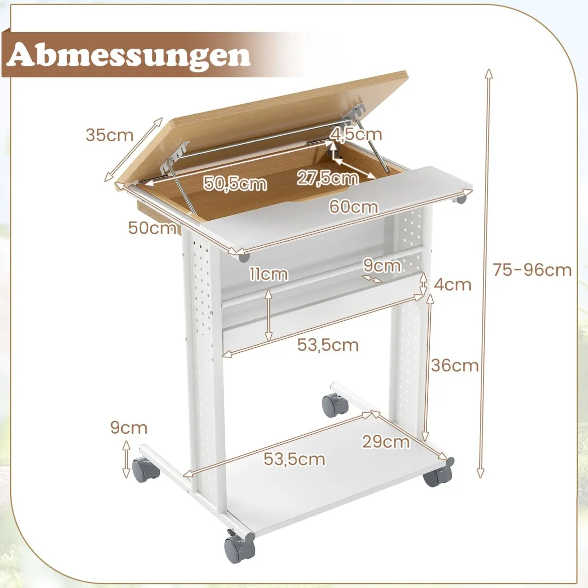 Schreibtisch mit Rollen & Neigbarer Tischplatte Mobiler Computertisch PC-Tisch Laptoptisch Natur