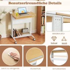 Schreibtisch mit Rollen & Neigbarer Tischplatte Mobiler Computertisch PC-Tisch Laptoptisch Natur