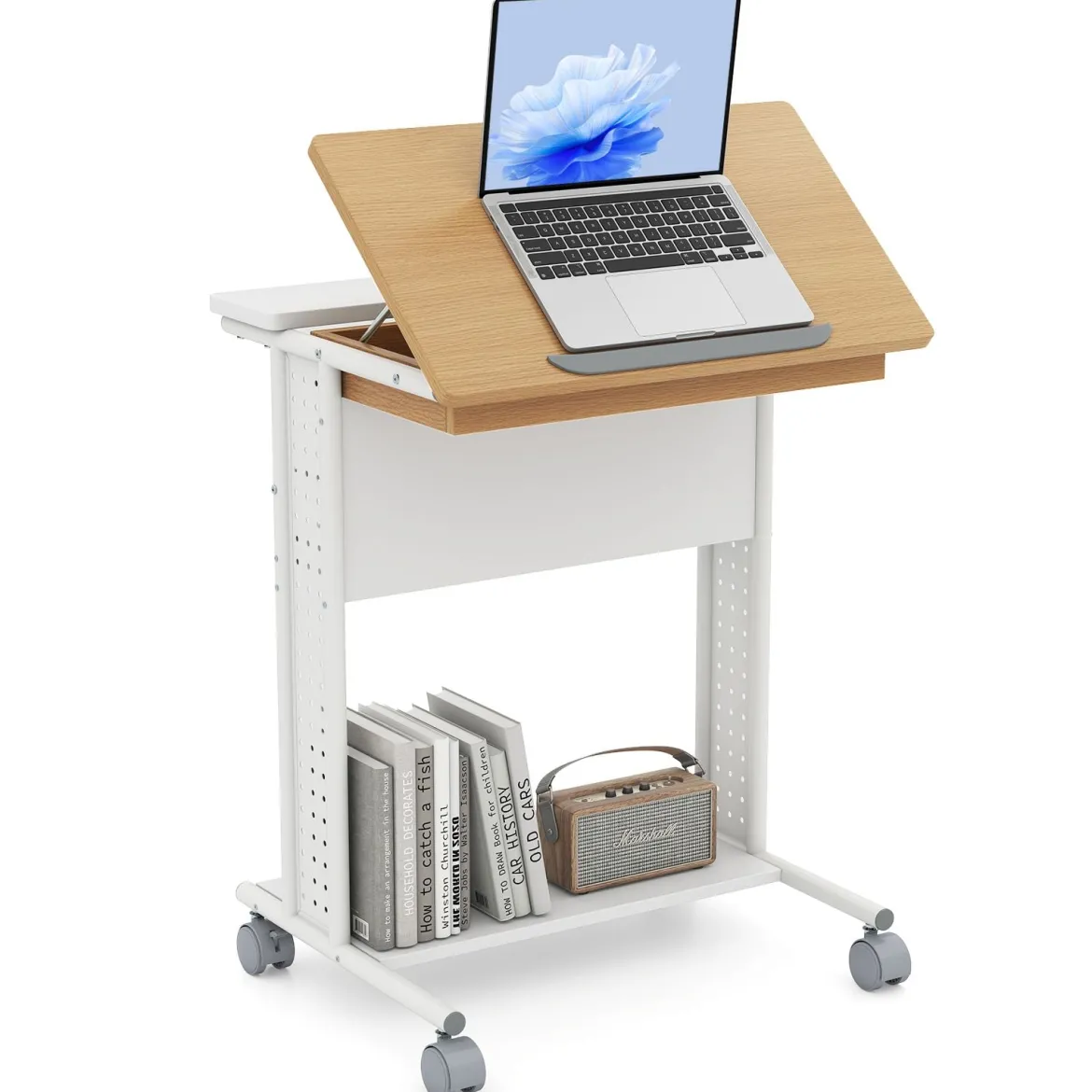 Schreibtisch mit Rollen & Neigbarer Tischplatte Mobiler Computertisch PC-Tisch Laptoptisch Natur