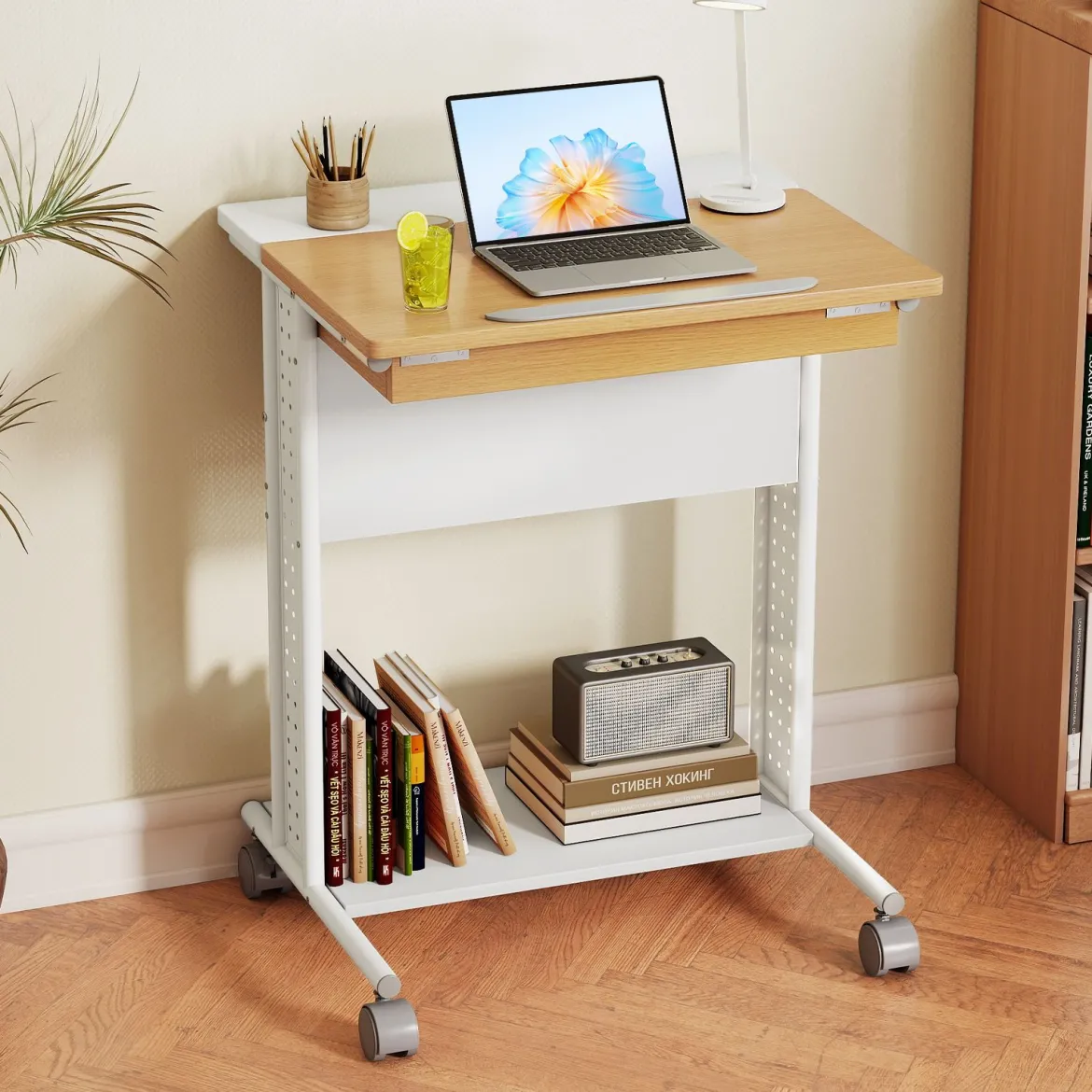 Schreibtisch mit Rollen & Neigbarer Tischplatte Mobiler Computertisch PC-Tisch Laptoptisch Natur
