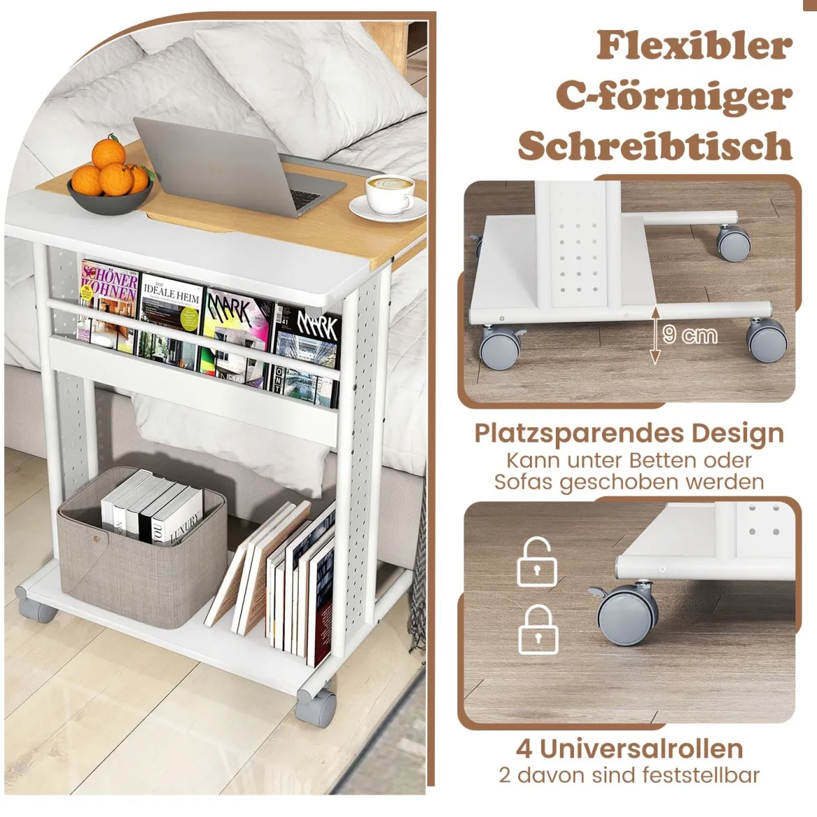 Schreibtisch mit Rollen & Neigbarer Tischplatte Mobiler Computertisch PC-Tisch Laptoptisch Natur