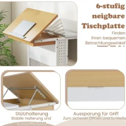 Schreibtisch mit Rollen & Neigbarer Tischplatte Mobiler Computertisch PC-Tisch Laptoptisch Natur