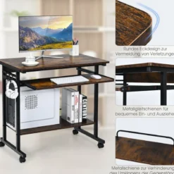 Schreibtisch mit Rollen Tastaturablage Platzsparender Computertisch 80 x 50 x 75 cm Rustikales Braun