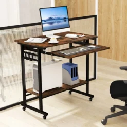 Schreibtisch mit Rollen & Tastaturablage & Ablagefläche unten & Haken Computertisch Braun