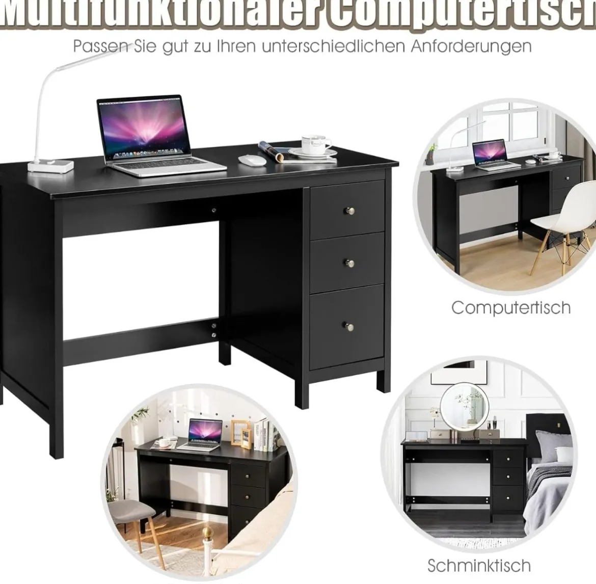 Schreibtisch mit 3 Schubladen & Anti-Kipp-Vorrichtung Computertisch 120 x 50 x 75 cm