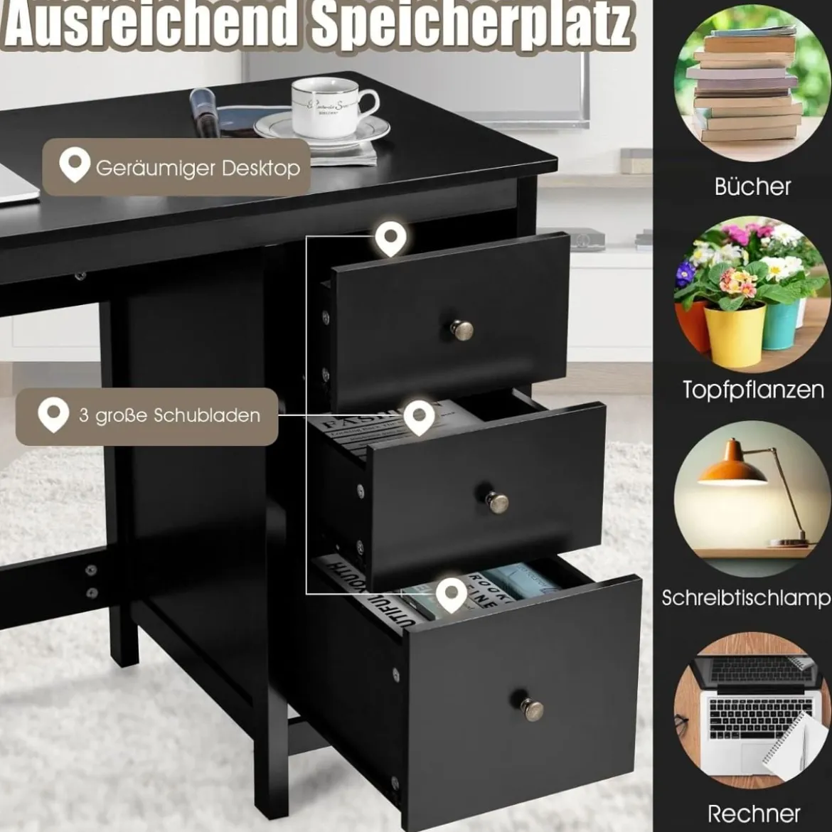 Schreibtisch mit 3 Schubladen & Anti-Kipp-Vorrichtung Computertisch 120 x 50 x 75 cm