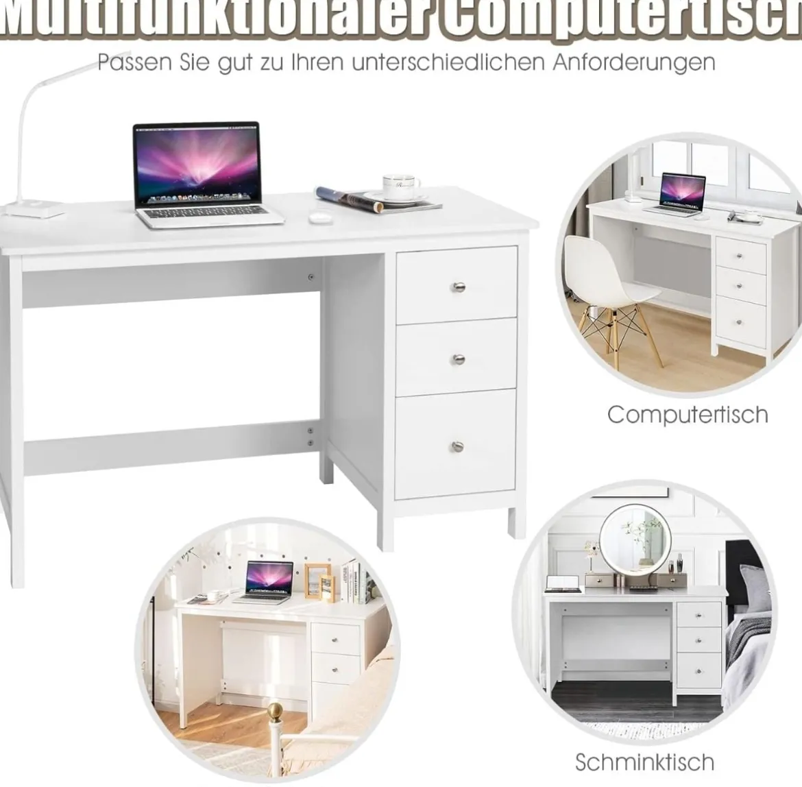 Schreibtisch mit 3 Schubladen & Anti-Kipp-Vorrichtung Computertisch 120 x 50 x 75 cm