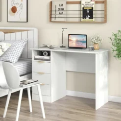 Schreibtisch mit 3 Schubladen & Ladestation Computertisch Moderner Bürotisch Weiß