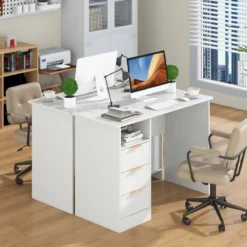 Schreibtisch mit 3 Schubladen & Ladestation Computertisch Moderner Bürotisch Weiß