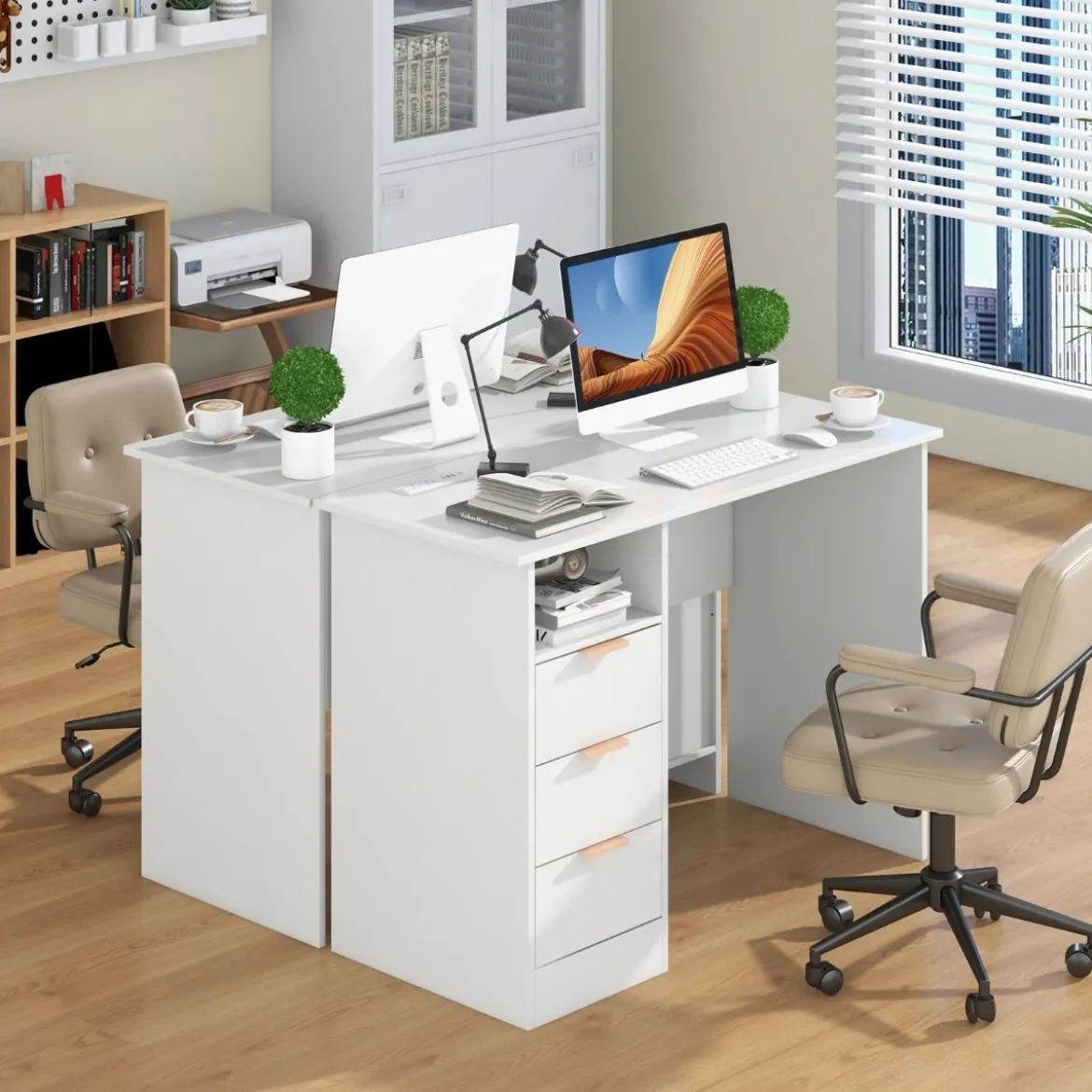 Schreibtisch mit 3 Schubladen & Ladestation Computertisch Moderner Bürotisch Weiß