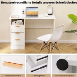 Schreibtisch mit 3 Schubladen & Ladestation Computertisch Moderner Bürotisch Weiß