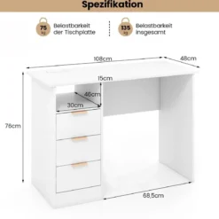 Schreibtisch mit 3 Schubladen & Ladestation Computertisch Moderner Bürotisch Weiß