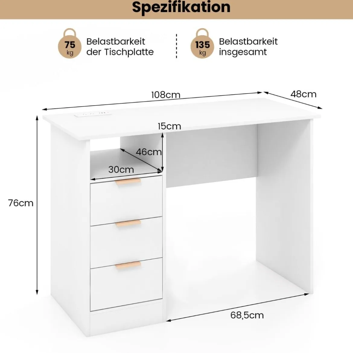 Schreibtisch mit 3 Schubladen & Ladestation Computertisch Moderner Bürotisch Weiß