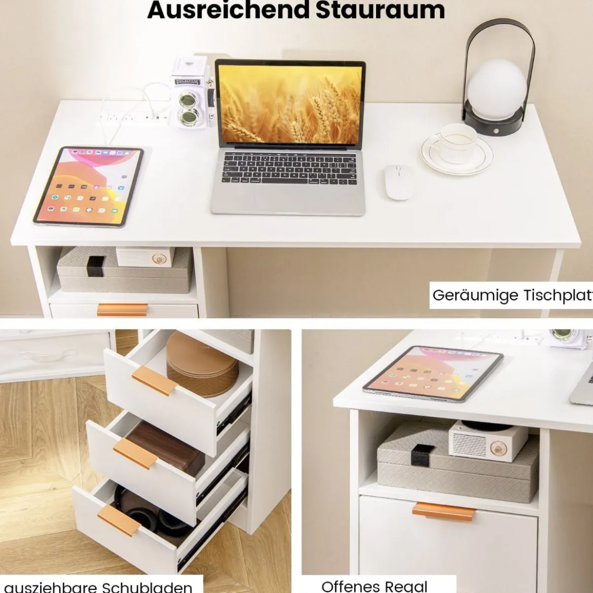 Schreibtisch mit 3 Schubladen & Ladestation Computertisch Moderner Bürotisch Weiß