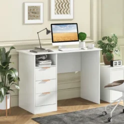 Schreibtisch mit 3 Schubladen & Ladestation Computertisch Moderner Bürotisch Weiß