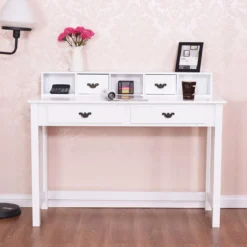 Schreibtisch mit 4 Schubladen 2-stöckiger Tisch Computertisch mit abnehmbarem Aufsatz 120 x 48 x 77 cm Weiß