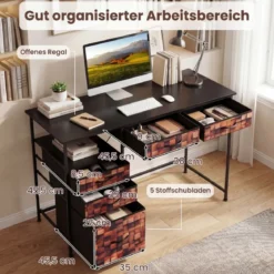 Schreibtisch mit 5 Stoffschubladen Computertisch mit Regal PC Tisch für kleine Räume Braun