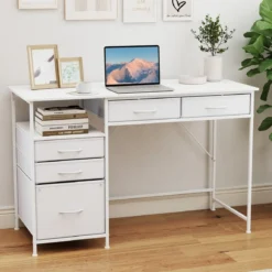 Schreibtisch mit 5 Stoffschubladen Computertisch mit Regal PC Tisch für kleine Räume Weiß