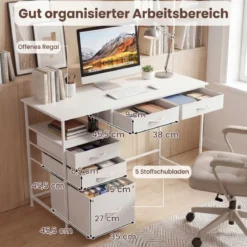 Schreibtisch mit 5 Stoffschubladen Computertisch mit Regal PC Tisch für kleine Räume Weiß