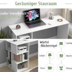 Schreibtisch mit Würfelförmigem Bücherregal Computertisch 140 x 50 x 75 cm Weiß