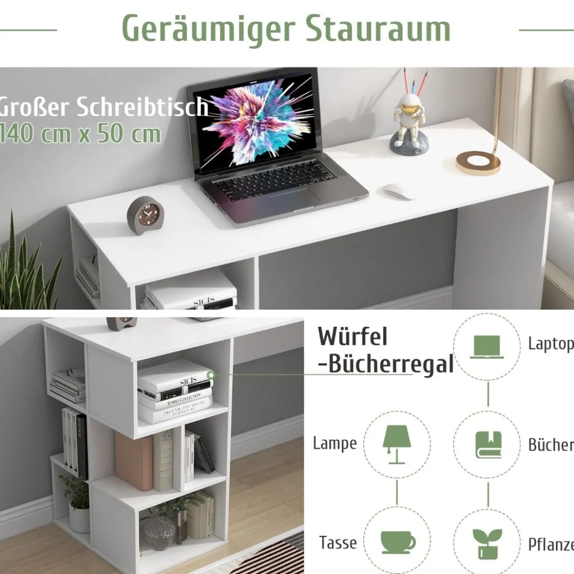 Schreibtisch mit Würfelförmigem Bücherregal Computertisch 140 x 50 x 75 cm Weiß
