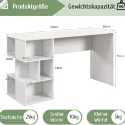 Schreibtisch mit Würfelförmigem Bücherregal Computertisch 140 x 50 x 75 cm Weiß