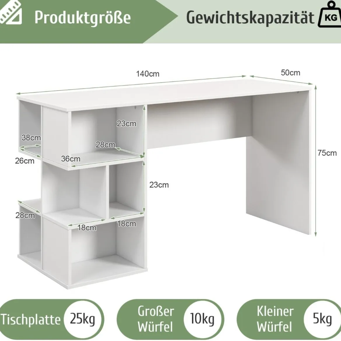 Schreibtisch mit Würfelförmigem Bücherregal Computertisch 140 x 50 x 75 cm Weiß