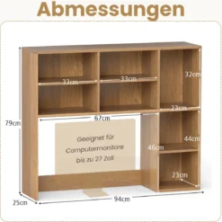Schreibtischregal Tischregal mit 7 Fächern Schreibtisch Aufsatzregal für Monitore bis zu 27"94 x 25 x 79 cm Natur