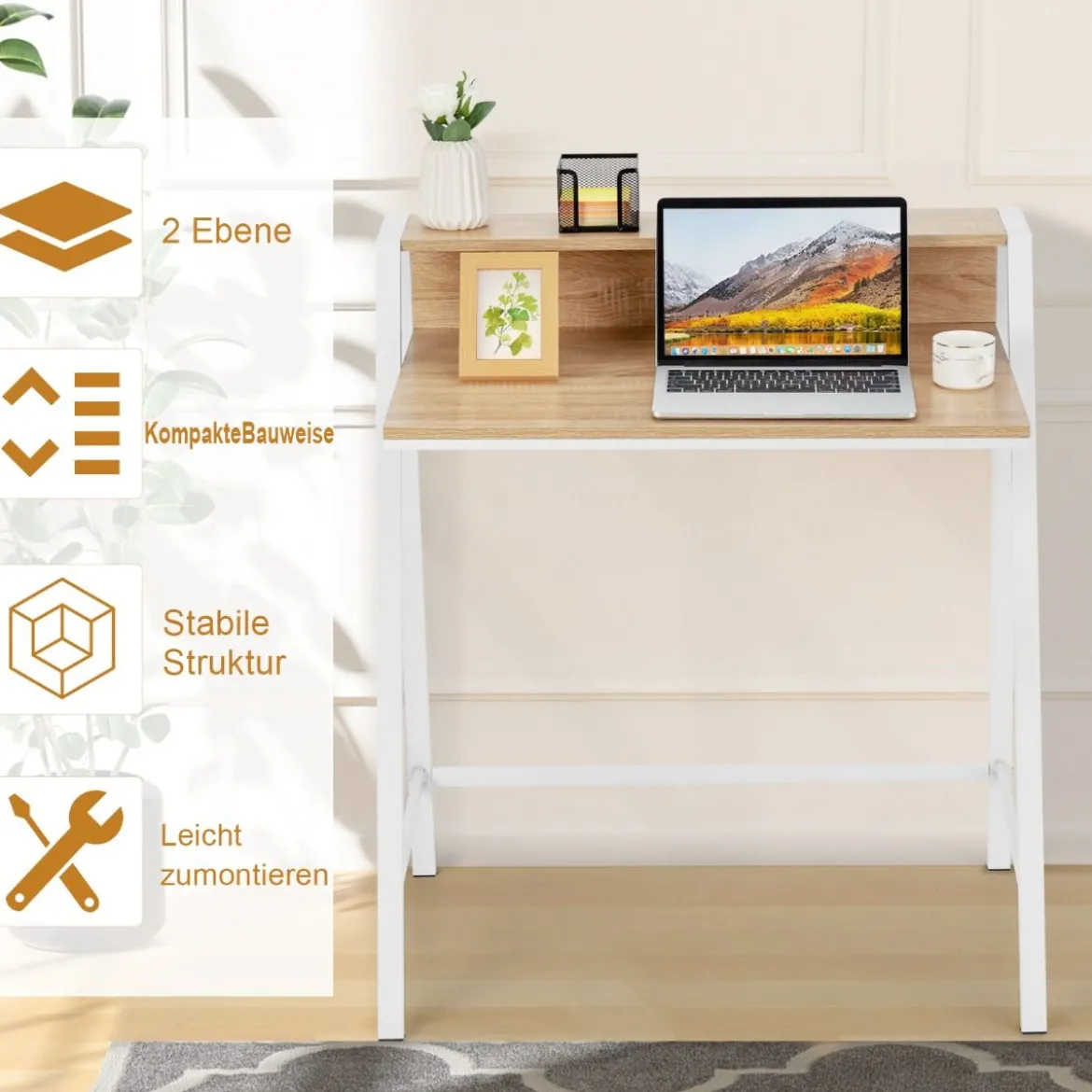 Schreibtisch 2-stöckig Computertisch mit stabilem Metallrahmen Arbeitstisch Natur
