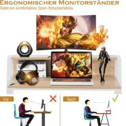 Schreibtisch 2-stöckig Computertisch mit stabilem Metallrahmen Arbeitstisch Natur