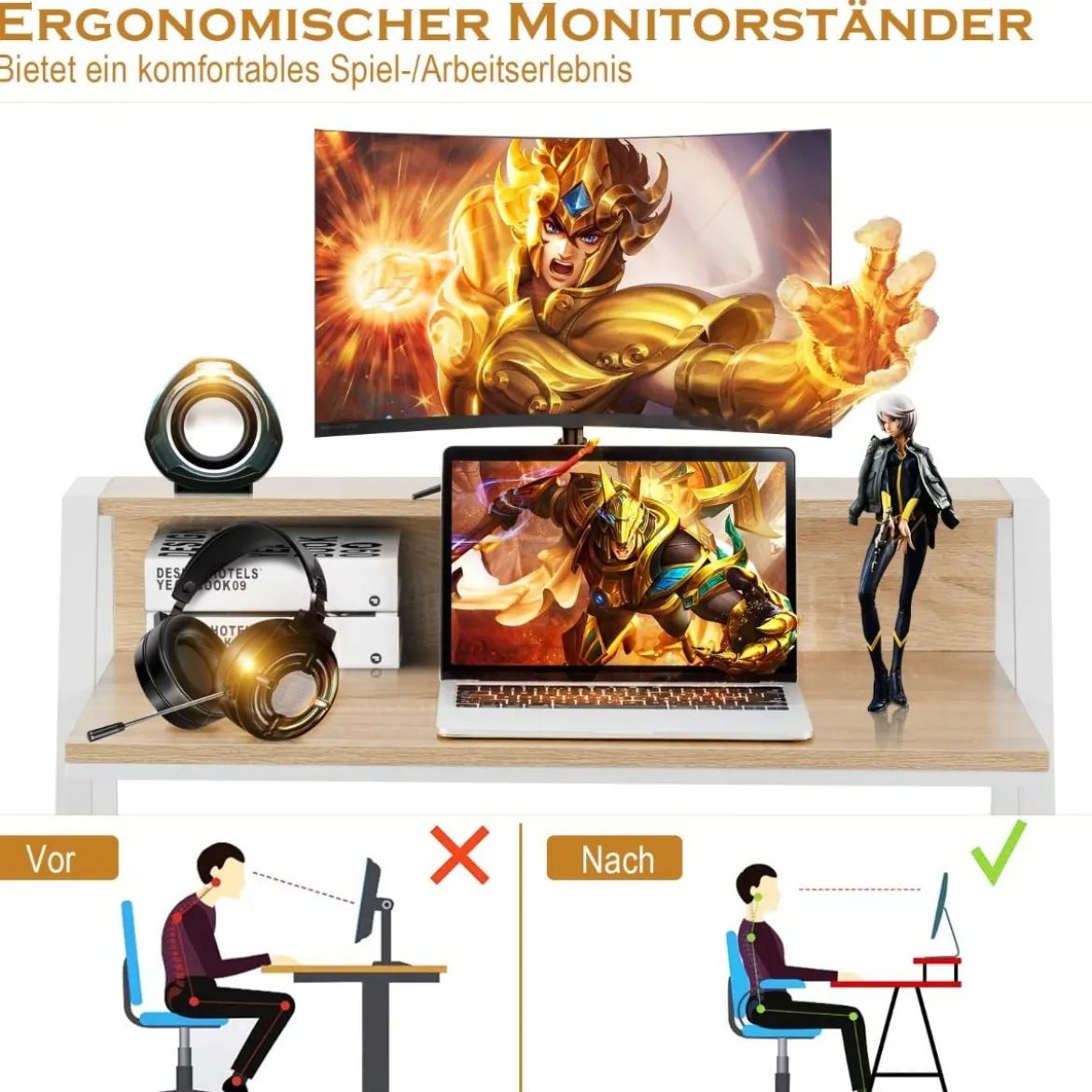 Schreibtisch 2-stöckig Computertisch mit stabilem Metallrahmen Arbeitstisch Natur