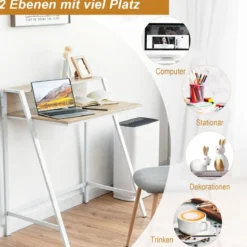 Schreibtisch 2-stöckig Computertisch mit stabilem Metallrahmen Arbeitstisch Natur