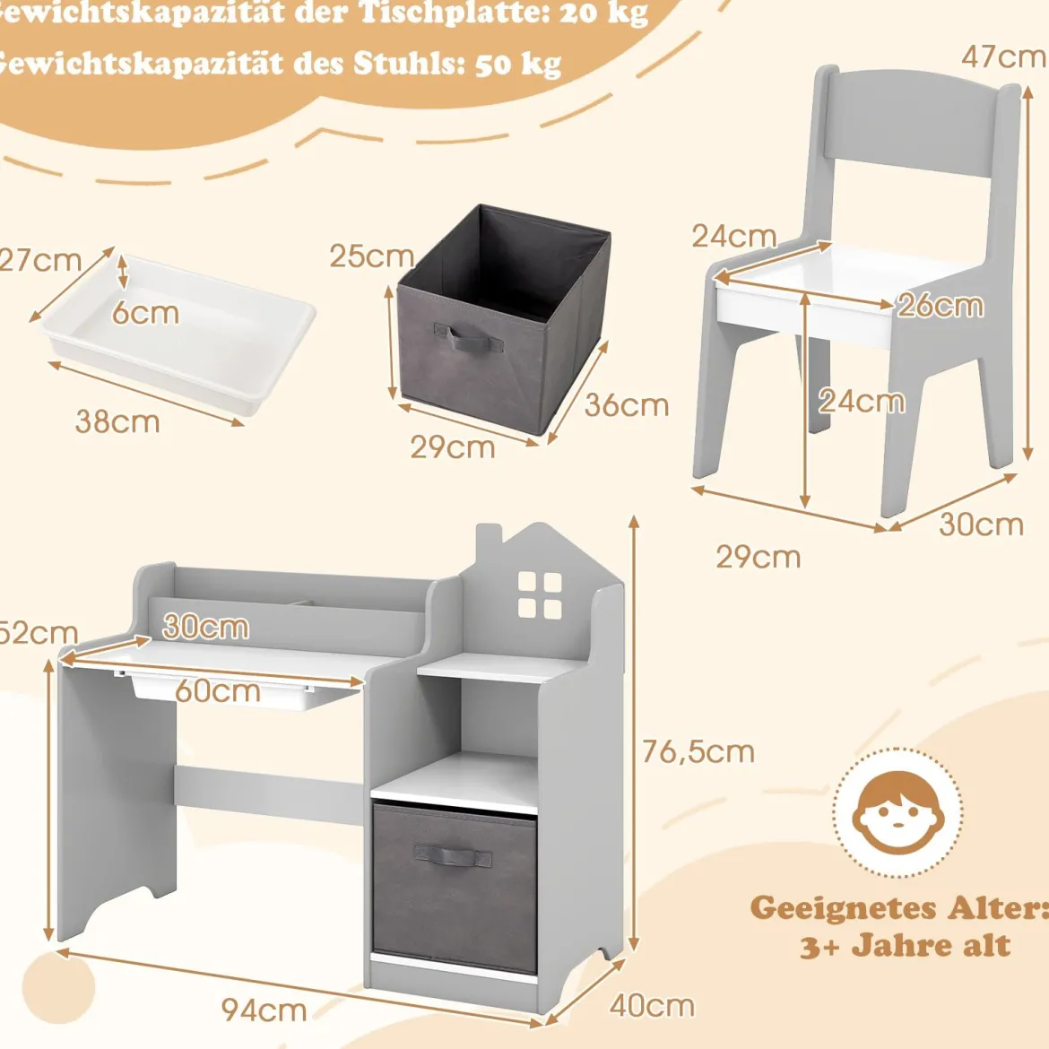 Schreibtisch- & Stuhlset für Kinder Schülertisch mit offenen Regalen Schublade & Stoffbehälter Grau