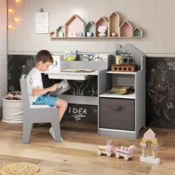 Schreibtisch- & Stuhlset für Kinder Schülertisch mit offenen Regalen Schublade & Stoffbehälter Grau