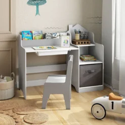 Schreibtisch- & Stuhlset für Kinder Schülertisch mit offenen Regalen Schublade & Stoffbehälter Grau