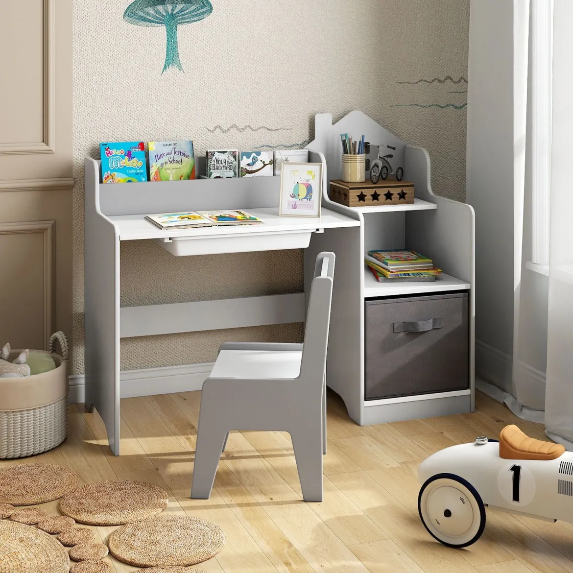 Schreibtisch- & Stuhlset für Kinder Schülertisch mit offenen Regalen Schublade & Stoffbehälter Grau