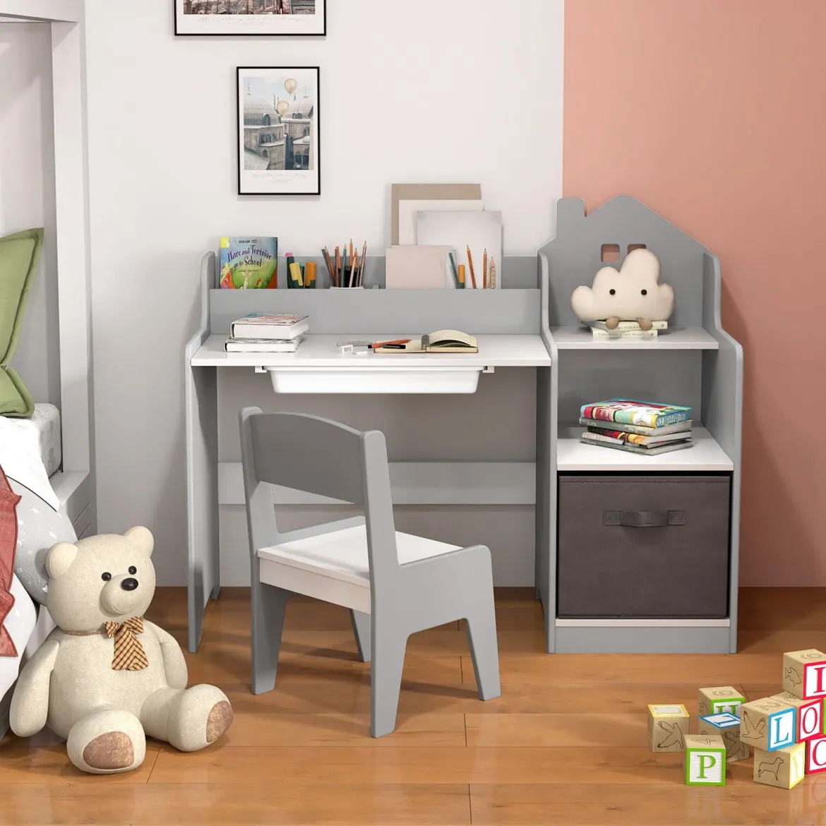 Schreibtisch- & Stuhlset für Kinder Schülertisch mit offenen Regalen Schublade & Stoffbehälter Grau