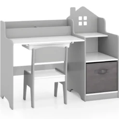 Schreibtisch- & Stuhlset für Kinder Schülertisch mit offenen Regalen Schublade & Stoffbehälter Grau