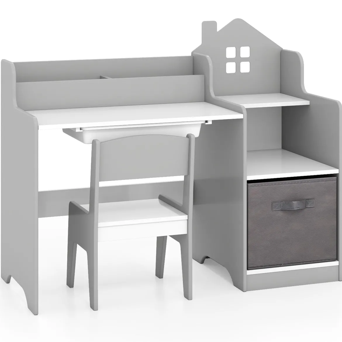 Schreibtisch- & Stuhlset für Kinder Schülertisch mit offenen Regalen Schublade & Stoffbehälter Grau