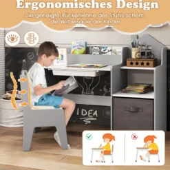 Schreibtisch- & Stuhlset für Kinder Schülertisch mit offenen Regalen Schublade & Stoffbehälter Grau
