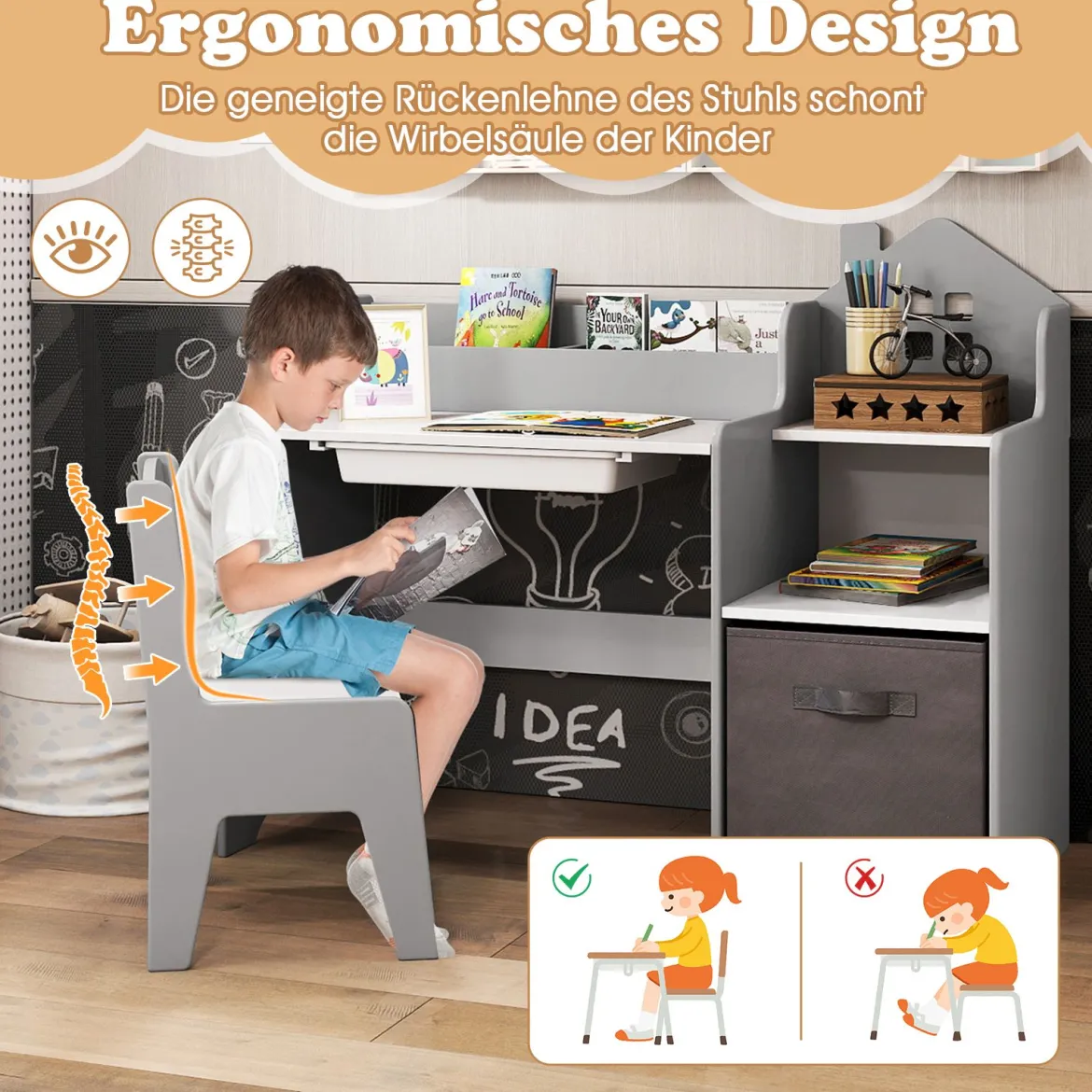 Schreibtisch- & Stuhlset für Kinder Schülertisch mit offenen Regalen Schublade & Stoffbehälter Grau