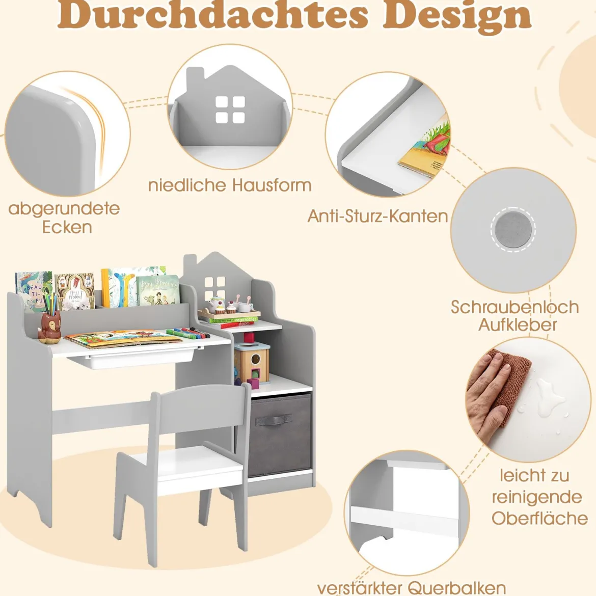 Schreibtisch- & Stuhlset für Kinder Schülertisch mit offenen Regalen Schublade & Stoffbehälter Grau