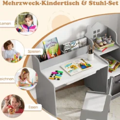 Schreibtisch- & Stuhlset für Kinder Schülertisch mit offenen Regalen Schublade & Stoffbehälter Grau